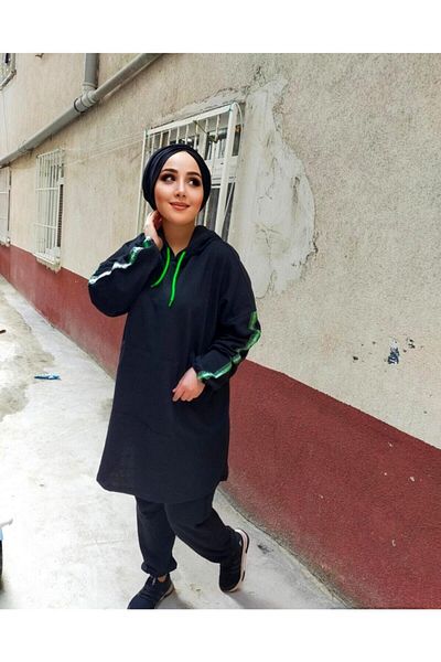 BAV Butik Ayvitrin Hijab Black Green Highlighter Tracksuit Set