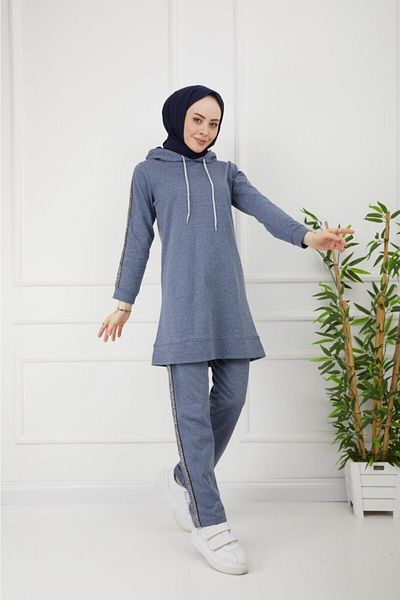 BAV Butik Ayvitrin Indigo Hijab Tracksuit Set with Striped Sleeves