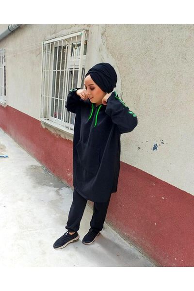 BAV Butik Ayvitrin Hijab Black Green Highlighter Tracksuit Set
