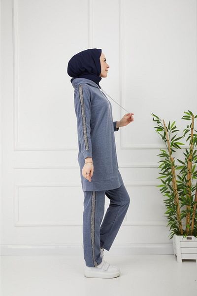BAV Butik Ayvitrin Indigo Hijab Tracksuit Set with Striped Sleeves