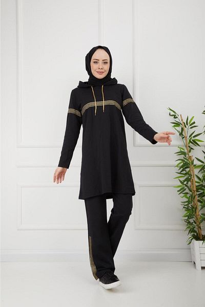 BAV Butik Ayvitrin Black Glitter Stripe Hijab Tracksuit Set
