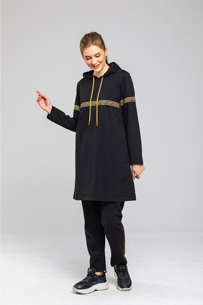 BAV Butik Ayvitrin Women's Black Glitter Striped Tracksuit Set