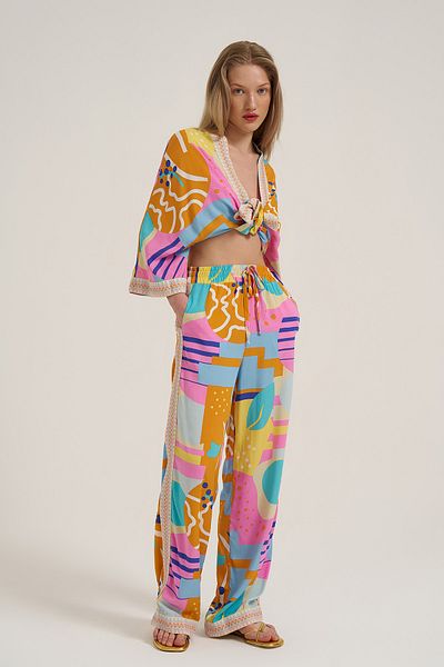 Quzu Colorful Patterned Pants with Elastic Waist Orange