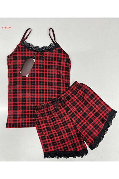 PATRON Sıla Sella Plaid Patterned Lace Embroidered Shorts Top and Bottom Set