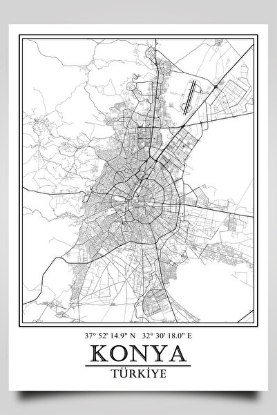 HariTasarım Konya Şehir Haritası Çerçevesiz Poster-Harita Sanatı, Map Art Design