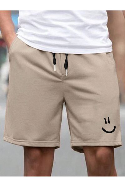 MODARİCH Pantaloni scurți cu talie înaltă și buzunare tricotate cu imprimeu bej Tiny Smiley Face