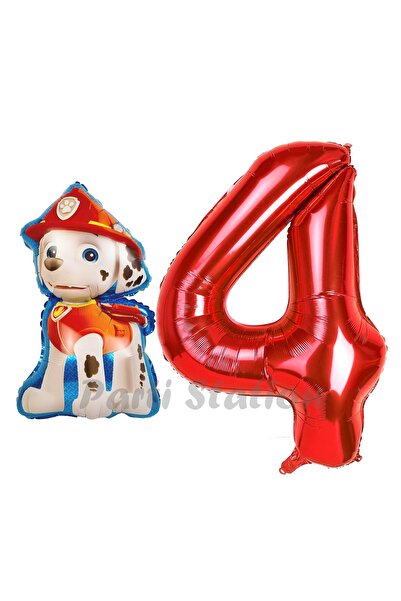 Parti Station Paw Patrol İtfaiye Köpek Marshall 4 Yaş Balon ve Kırmızı Rakam ...