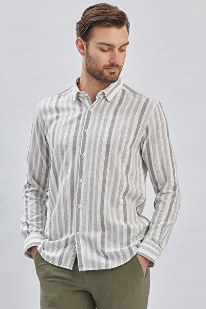 İmza Gray Striped Slim Fit Cotton Shirt - Shortable Sleeves, Unit Collar1004240201