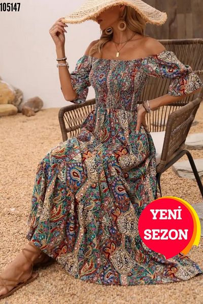 JANES Women's Off Shoulder Ethnic Pattern Summer Dress