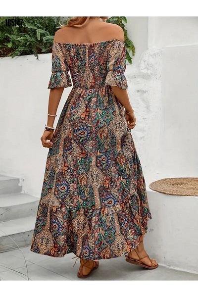 JANES Women's Off Shoulder Ethnic Pattern Summer Dress