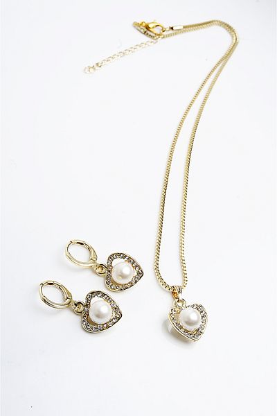 EUROMODA Pearl and Zircon Stone Heart Design Necklace and Earring Jewelry Set