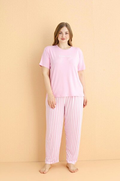 MEBA Kadın Likralı Milan Battal Kısa Kollu Pembe Sunday Mood Büyük Beden Pijama Takımı  /18