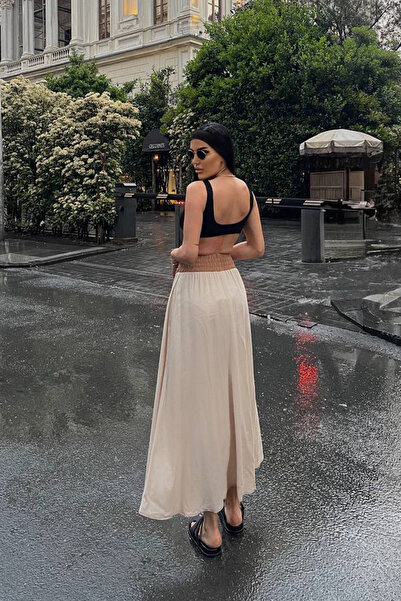 Ortaya Çık Μπεζ Δίχρωμη Λινό Υφασμάτινη Φούστα