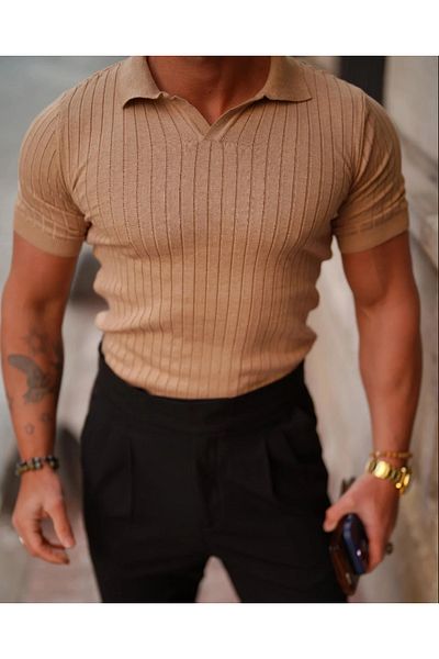 Tarz Cool Ανδρικό πλεκτό μπλουζάκι Polo Neck με ραβδώσεις
