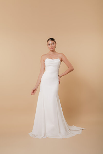 Ayse Ceren House Degaje Yaka İp Askılı Şifon Maxi Elbise Beyaz