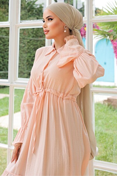 Bestenur Φόρεμα σε σκόνη με γιακά πουκάμισο Elisa 899 Model