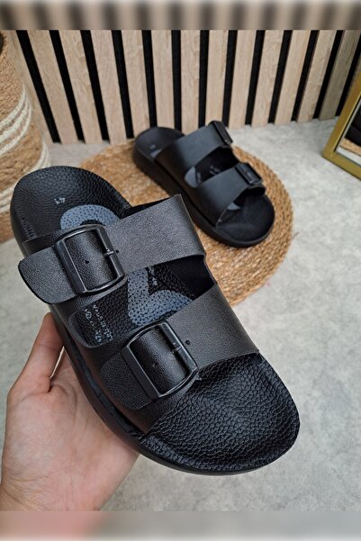 İmerShoes Casual Men's Black Slippers Adjustable Buckle Patterned Anatomical Sole Soft Comfortable Sandals 066