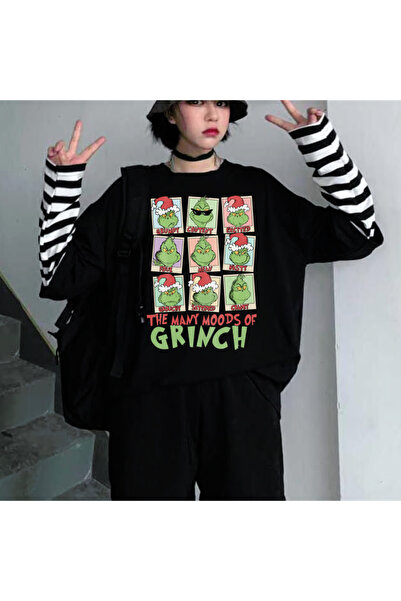 Toum Tricou negru unisex cu imprimeu Grinch Crăciun Crăciun - mâneci false