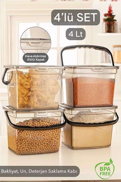 Meleni Home 4 Piece Detergent, Flour and Groceries Storage Container-Erzak Storage Box Platinum 4 x 4 Lt