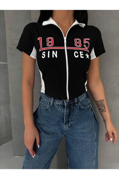Touz Moda Από το 1985 Printed Zipper Crop Blouse