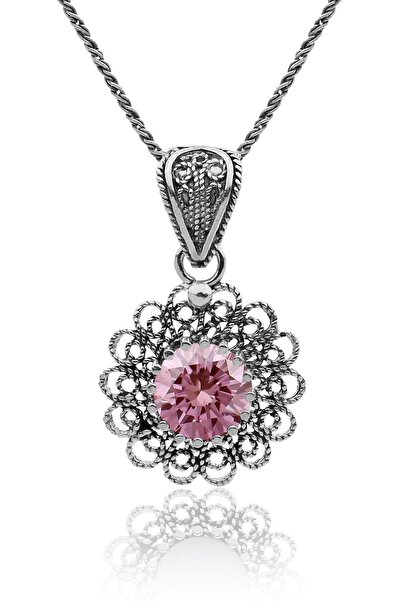 Erdobia Ekim Turmalin Doğum Taşı Çiçek Motifli Telkari Gümüş Kolye