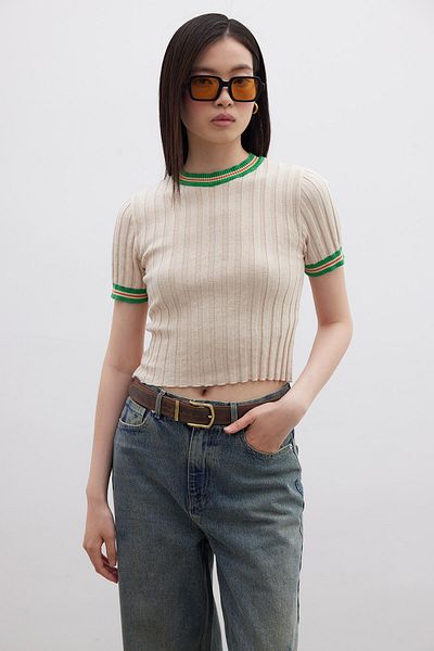 Manuka RETRO STRICK T-SHIRT MIT GESTREIFTEM MUSTER BEIGE