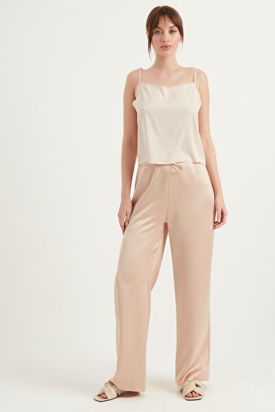 SUBU TASARIM Pantaloni din satin bej - Talie elastică 3029