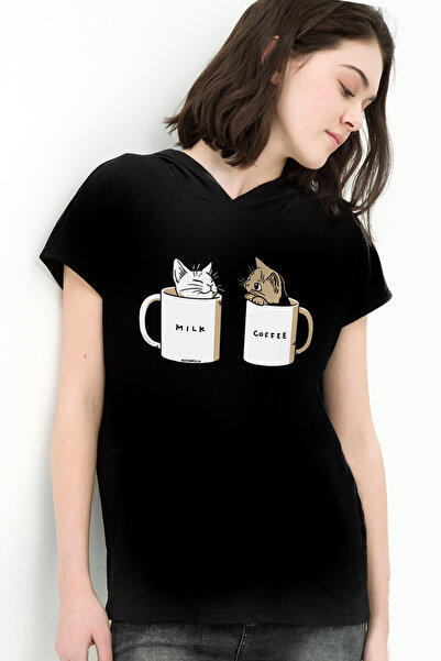 ROCKANDROLL Tricou cu mânecă scurtă cu glugă neagră și lapte pentru femei