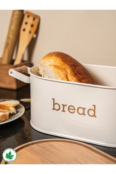 linmetal Metal Bread Bowl - With Wooden Lid and Handle, Bread Printed