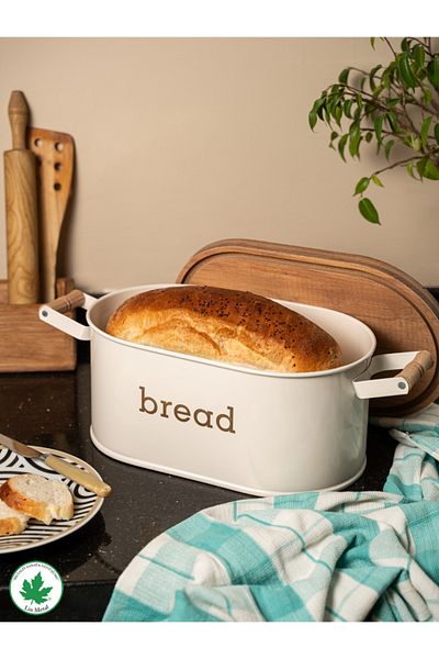 linmetal Metal Bread Bowl - With Wooden Lid and Handle, Bread Printed