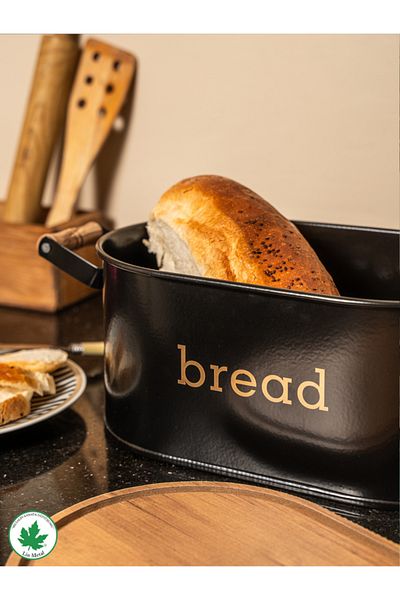 linmetal Metal Bread Bowl - With Wooden Lid and Handle, Bread Printed