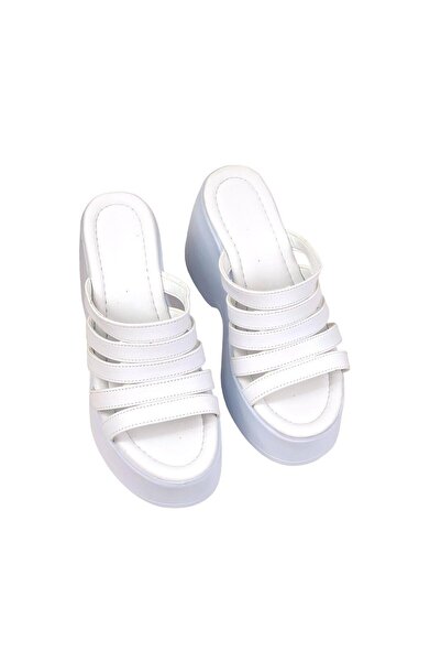 bescobel Kadın Gehma Beyaz Bantlı Yüksek Topuk Platform Sandalet 10 Cm DLG11