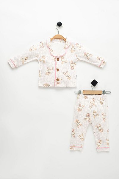 NEU KIDS Cute Rabbit Patterned Long Sleeve Baby Collar 100% Cotton Pajama Set for 1-4 Years Old Girls