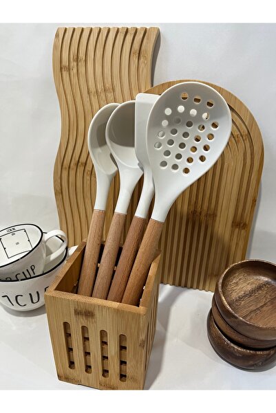 Mirilliahome طقم تقديم المطبخ من السيليكون بمقبض من الخيزران مكون من 4 قطع، أدوات تقديم، أواني الطبخ