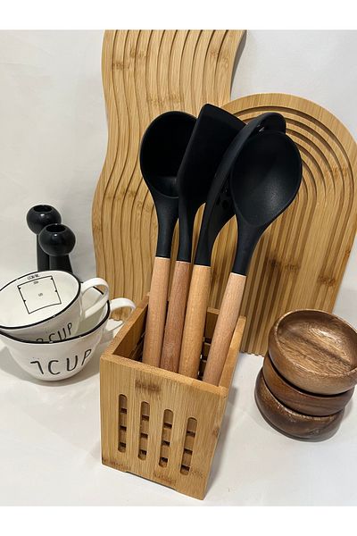 Mirilliahome 4-Piece Bamboo Handle Silicone Kitchen Serving Set, Serving Set, Cooking Utensils