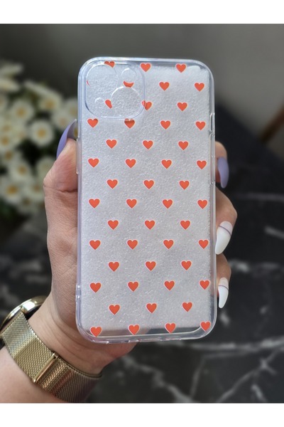SUPER FRAME Iphone 13 Uyumlu Kırmızı Kalp Tasarımlı Şeffaf Telefon Kılıfı