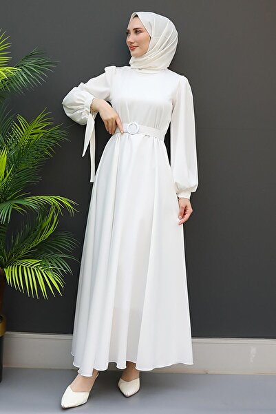 giz astore Saten Kemerli Elbise Beyaz
