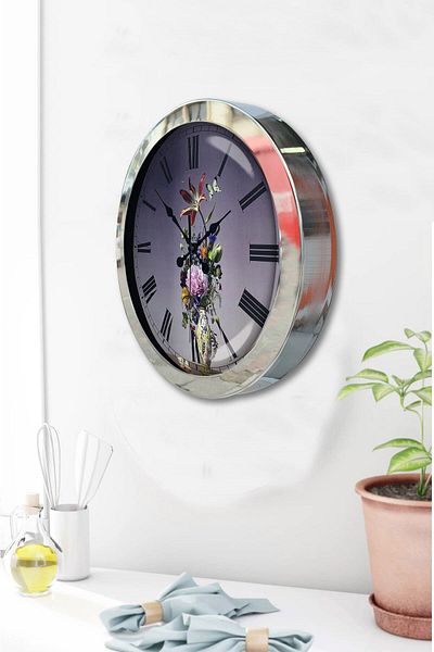 Kasva Concept Gift 36 cm Chrome Metal Flower Wall Clock