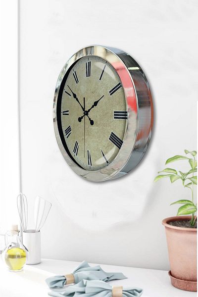 Kasva Concept Gift 36 cm Chrome Metal Antique Wall Clock