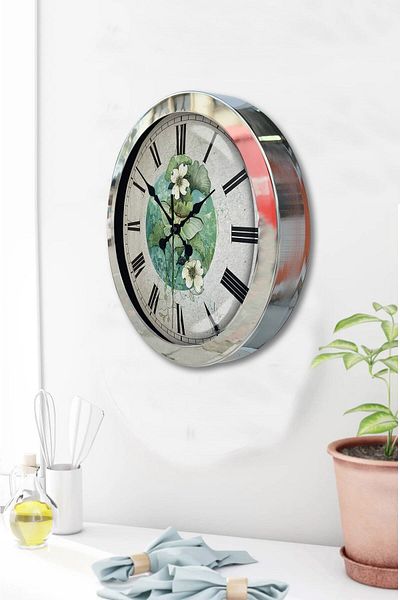 Kasva Concept Gift 36 cm Chrome Metal Flower Wall Clock