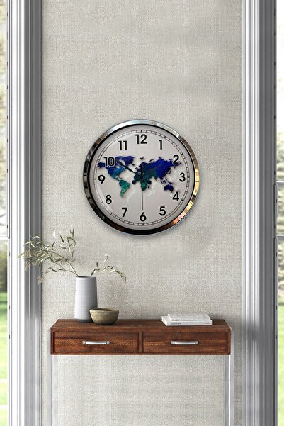 Kasva Concept هدية ساعة حائط بخريطة معدنية من الكروم مقاس 40 سم