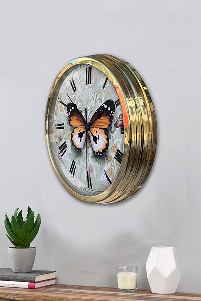 Kasva Concept Gift 40 cm Gold Metal Butterfly Wall Clock