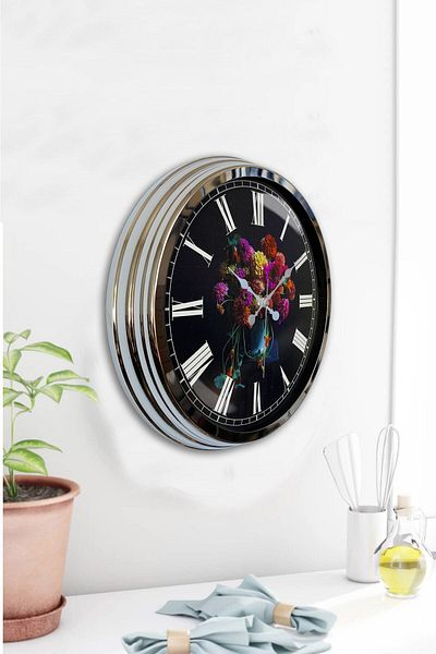Kasva Concept 40 cm Chrome Metal Vase Flower Wall Clock Gift