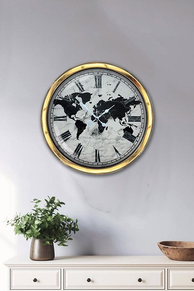 Kasva Concept Gift 40 cm Gold Metal Map Wall Clock