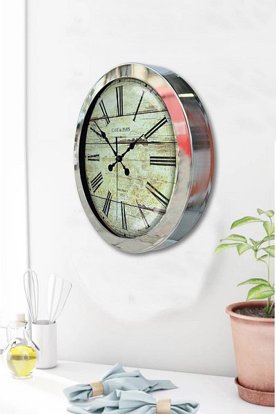 Kasva Concept Gift 36 cm Chrome Metal Antique Wall Clock