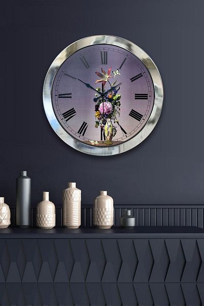 Kasva Concept Gift 36 cm Chrome Metal Flower Wall Clock