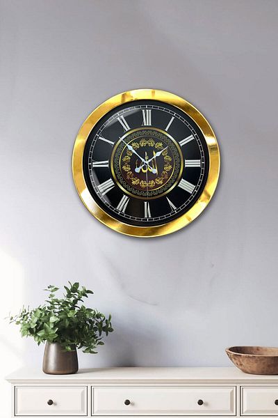 Kasva Concept Gift 36 cm Gold Metal Wall Clock with Allah Written