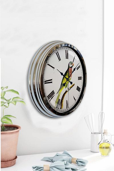 Kasva Concept Gift 40 cm Chrome Metal Wall Clock with Bird