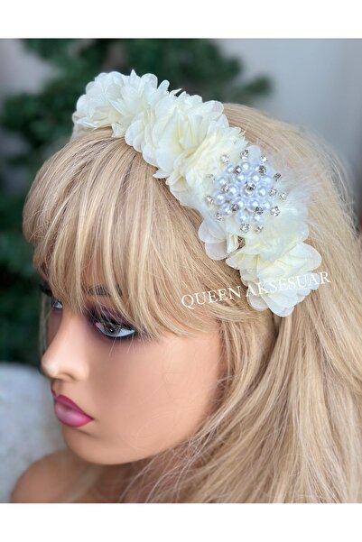 Queen Nelly تصميم مخصص - تاج زهور من التول مع بروش لؤلؤي فاخر، تاج خطوبة للعر...