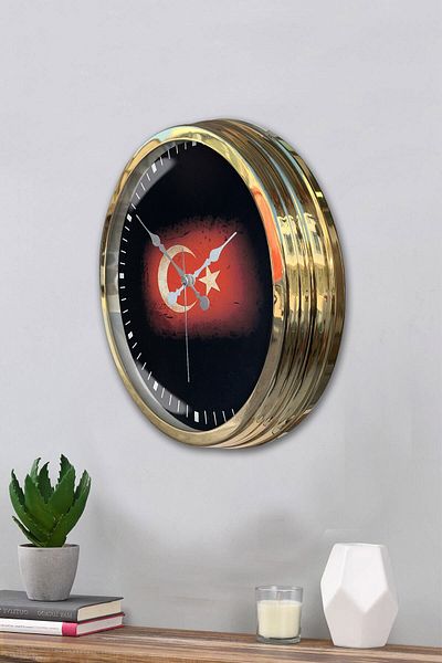 Kasva Concept Gift 40 cm Gold Metal Turkish Flag Wall Clock